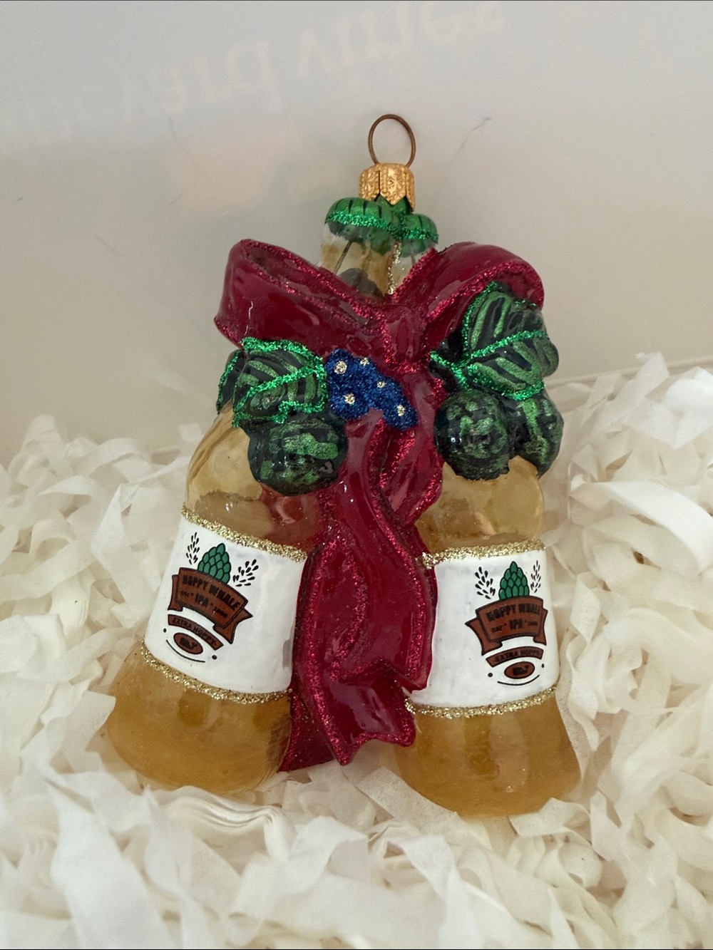Vineyard Vines Gold Champagne Bottle Ornament with Red Bow